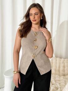 Auralis Plus Size Women's Autumn/Winter New French Commuter Business Casual Elegant Office Wear, Work Clothes, Home Metal Starfish Decorated Ribbed Round Neck Casual Vest, Fall Going Out Top, Khaki Vest