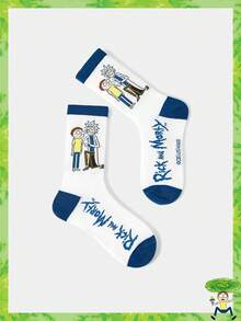Rick and Morty X SHEIN 1 par de calcetines cómodos de media pantorrilla con contraste de color, letras y figuras de dibujos animados para mujeres - Blanco y Negro - Ver 2