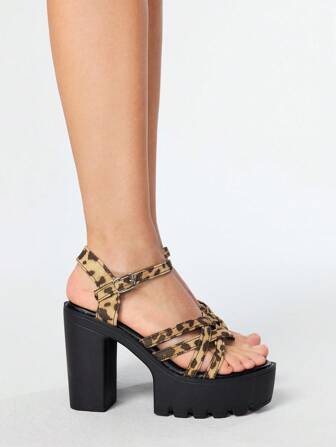 Grunge Punk Women's Leopard Print High Heel Sandals, Summer Open Toe Chunky Heel Strap Formal Work Crossover Strappy Dress Heels