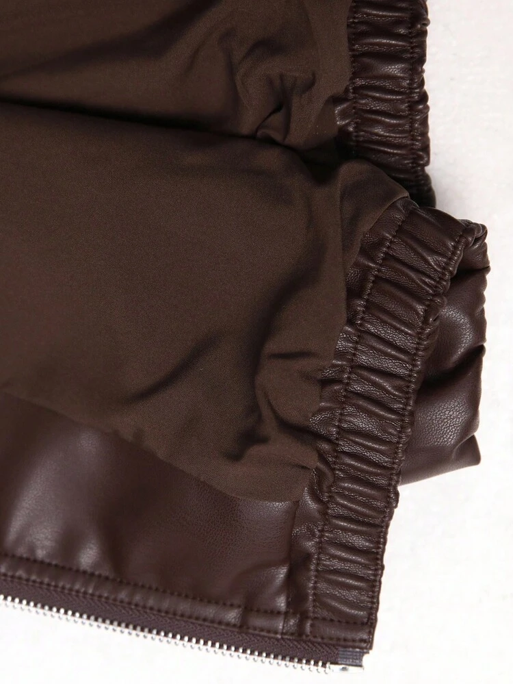 Women's Zip-Up Short PU Leather Jacket, Autumn Women's Clothing, Women's Jacket, Leather Jacket, Autumn Women's Clothing, Short Jacket, Leather Jacket, Women's Bomber Jacket, Women's Outdoor Wear, Brown Jacket