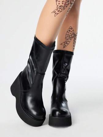 Goth Women's Thick Sole Matte Black Chunky Punk Rock Mid-Calf Boots, Fashion Minimalist Comfortable Elegant Round Toe Slip-On Gothic Combat Rider Boots
