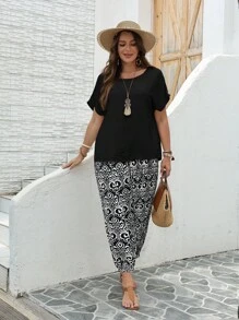 EMERY ROSE Conjunto de 2 piezas de talla grande: top de unicolor de verano y pantalones con estampado completo