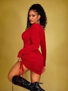 INAWLY Women's Solid Color Plunging Neck Long Sleeve Drawstring Waist Fitted Sexy Fashion Dress Fall Cloth For Women