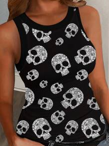 Slaydiva 万圣节加大码女式骷髅印花圆领紧身吊带背心和背心，适合夏季、万圣节服装、Y2K、街头服饰 - 彩色 - 查看 1