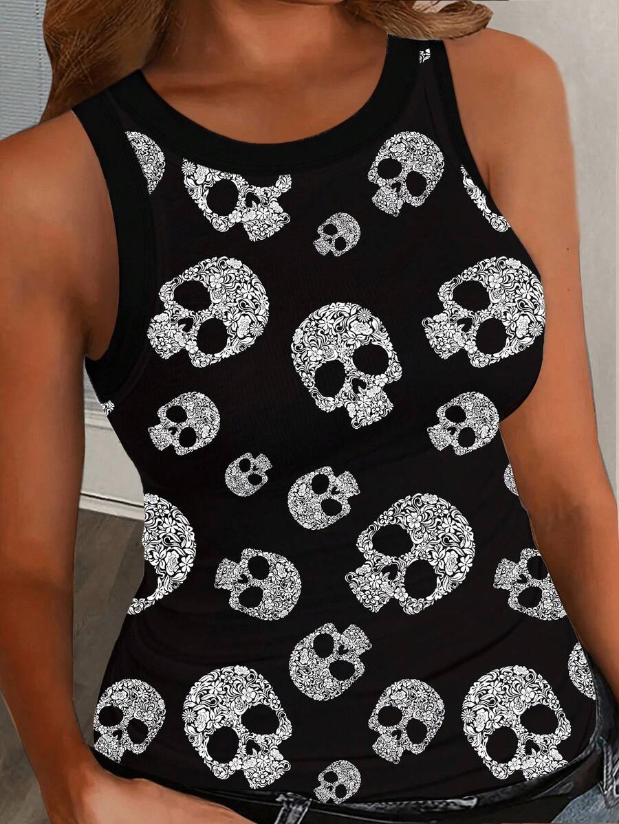 Slaydiva 万圣节加大码女式骷髅印花圆领紧身吊带背心和背心，适合夏季、万圣节服装、Y2K、街头服饰 - 彩色 - 查看 1