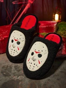 WB Horror X SHEIN Fashionable Men&Women Black Embroidered Mask Non-Slip Indoor Slippers Soft Plush Warm Winter House Shoes Durable Sole, Home Bedroom Air-Conditioned Room Spring Autumn Unisex - Black - View 2