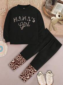 SHEIN Happikins 2pcs Toddler Girls' Casual Leopard Print "MAMA'S GIRL" Letter Graphic Long Sleeve Sweatshirt And Pants Set, Cartoon Print, Suitable For Autumn/Winter Fall - Multicolor - View 2