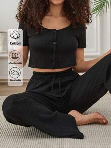 EURMUSE Women 2 Pcs Button Front Detail Crop Short Sleeve Shirt And Fake Drawstring Detail Lounge Bottom Homewear Set - Black - View 1