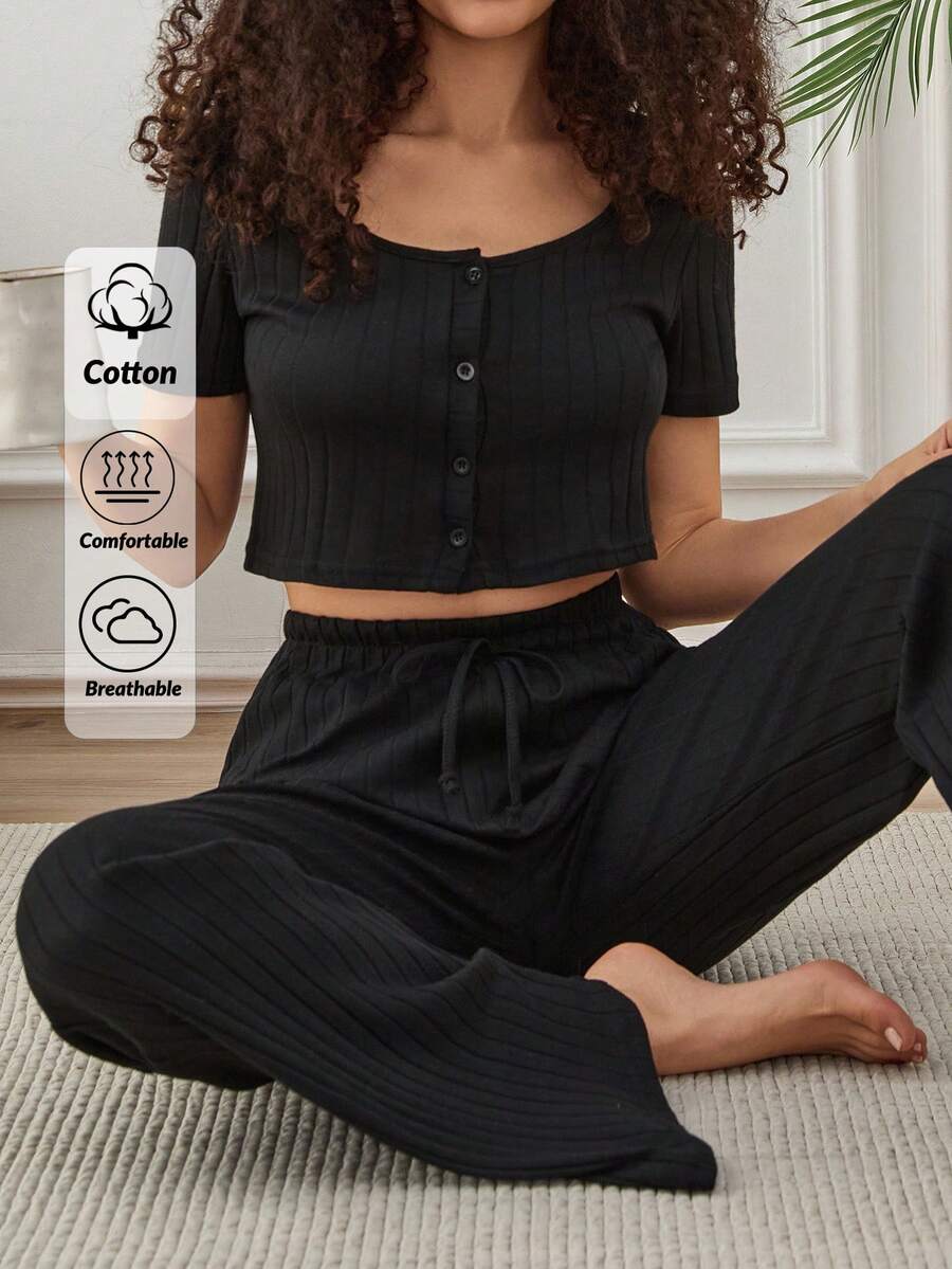 EURMUSE Women 2 Pcs Button Front Detail Crop Short Sleeve Shirt And Fake Drawstring Detail Lounge Bottom Homewear Set - Black - View 1