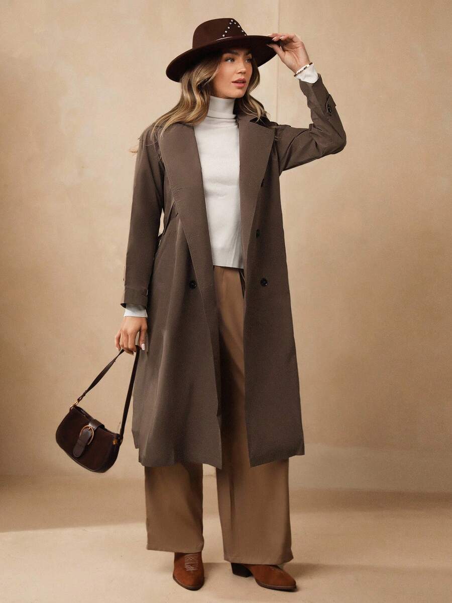 Wildy Women's Fall Black Y2k Solid Color Simple Daily PU Trench Coat Jacket - Mocha Brown - View 1