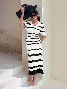 EURMUSE Vestido de punto maxi con cuello polo, manga corta, contraste de color, diseño de rayas en zigzag y calado de ganchillo - Blanco y Negro - Ver 3