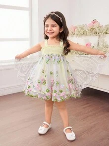SHEIN 女婴可爱刺绣褶饰荷叶边下摆梭织连衣裙 - 彩色 - 查看 5