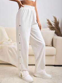 EURMUSE Cotton Wide Leg Side Detailed Sweatpant Women S Bottoms Women Summer Clothing Women Summer Sets Women Clothing Summer Outfits Summer Outfits For Women - Beige - View 4