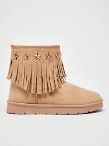 Solezae 迷人女士灰褐色绒面星星装饰流苏平底踝靴，舒适初秋冬季雪地保暖鞋 - 米色 - 查看 8