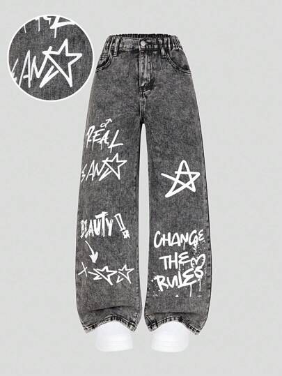 Tween Girls Y2K Style Grey Washed Denim White Letter & Star Print Loose Straight Leg Casual Jeans For Daily Wear