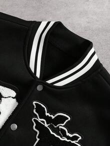 PAVTROS Men's Long Sleeve Y2K Number Skull & Bat Embroidered Color-Block Varsity Jacket, Black And White Skeleton Baseball Bomber, Emo Style Winter Outerwear, Halloween & Back To School, Fashionable Versatile Gift For Your Boyfriend , Fall - Black - View 6