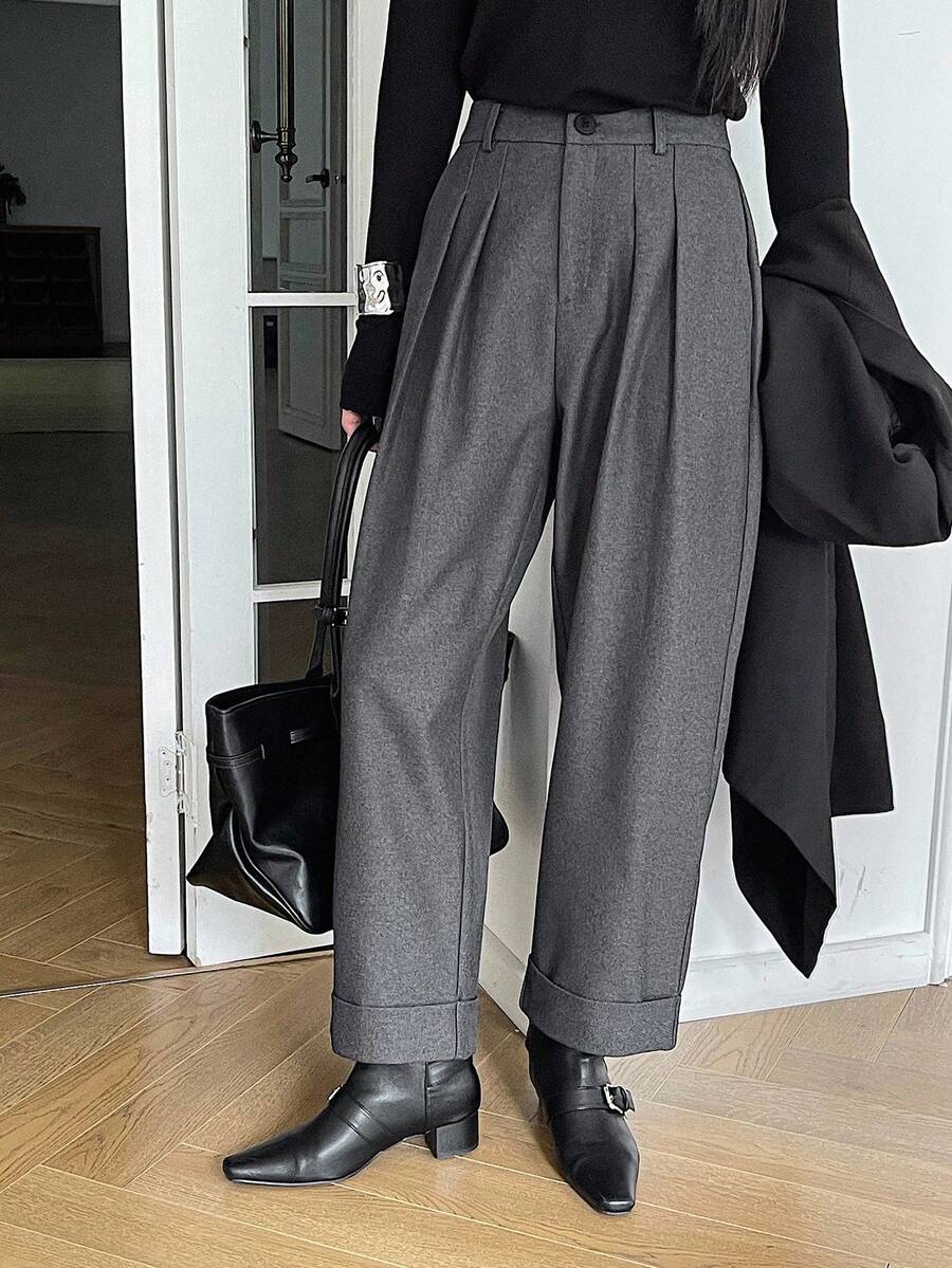 DAZY Women's Solid Color Pleated Hem Cropped Pants, Casual Trousers For Autumn/Winter Women Dress Pants