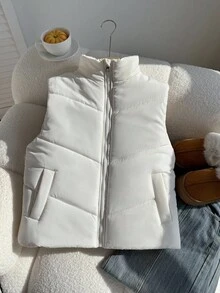 SHEIN 少女蓝绿色夹棉背心，冬季立领拉链不对称渐变短款夹棉夹克