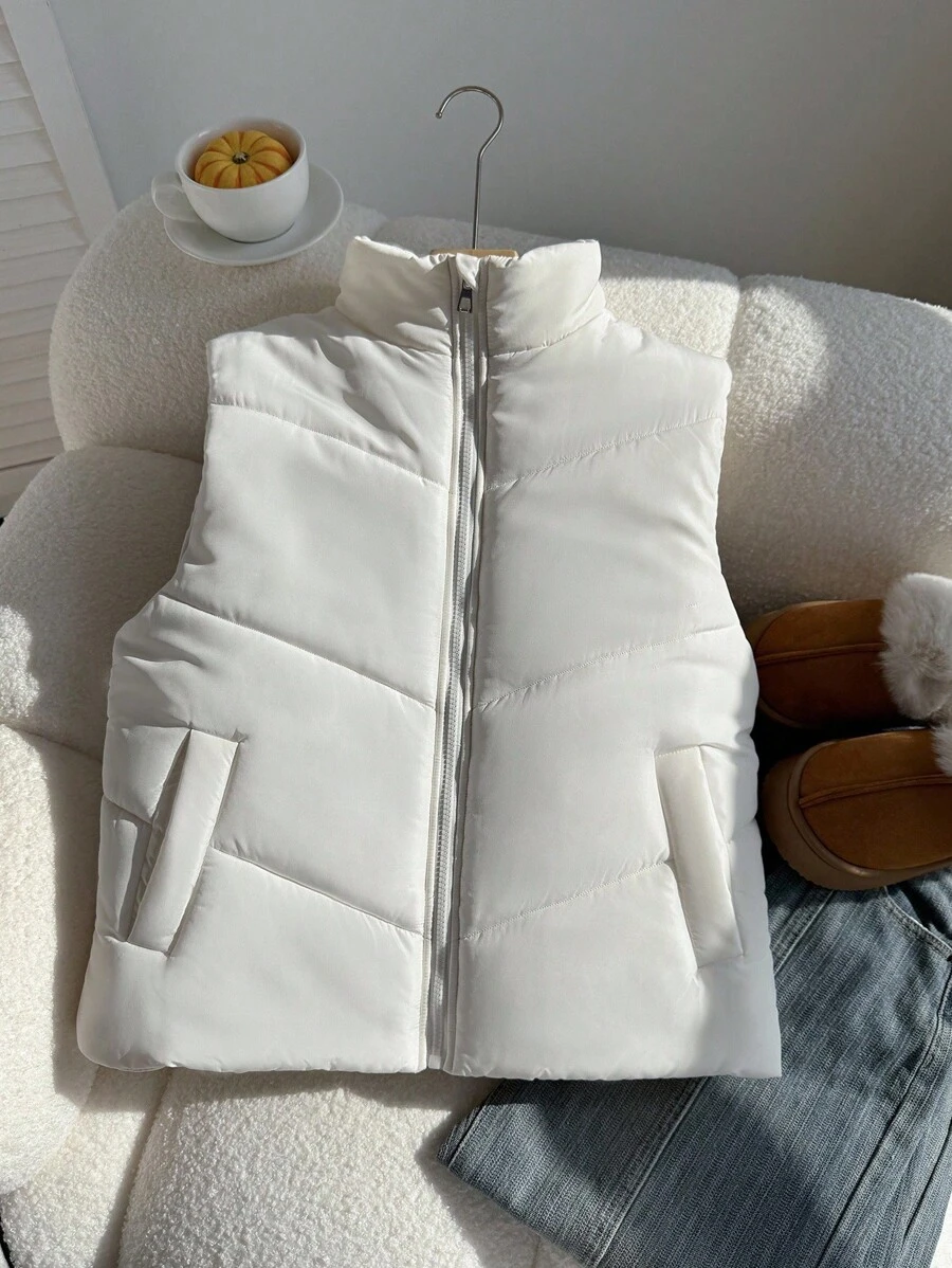 SHEIN 少女蓝绿色夹棉背心，冬季立领拉链不对称渐变短款夹棉夹克