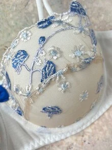 浪漫、清新、温柔、甜美刺绣花卉半罩杯钢圈文胸，可调节肩带，蝴蝶结装饰，海军蓝 - 藏蓝色 - 查看 3