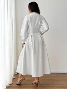 SHEIN PETITE Women's Front Button Solid Color Elegant Long Sleeve Dress Long Evening Dresses White Button Up Dress White Shirt Dress