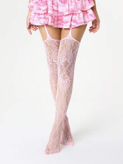Kawaii 1 Pair Sexy Minimalist Pink Solid Color Suspender Stockings, Jacquard Sheer Elastic Tights, Ultra-Thin Breathable Pantyhose