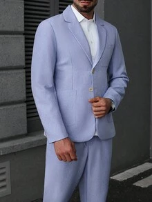 Manfinity Mode Bộ vest nam màu trơn cổ ve dài tay cài nút đơn và quần âu thường ngày màu xanh nhạt, phong cách Old Money - Màu xanh lam - Xem 5