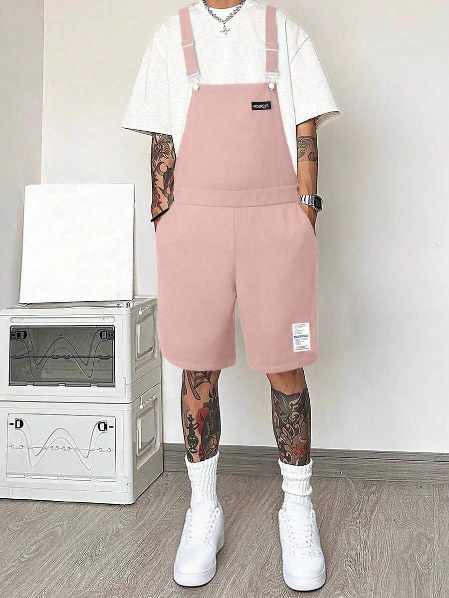 Manfinity Hypemode 男士字母印花贴袋阔腿休闲背带裤短裤夏季工装裤粉色工装裤，2000 年代风格