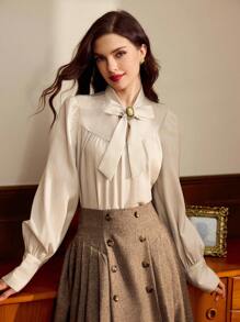 Vintamour 复古优雅女士条纹蝴蝶结衬衫休闲度假长袖上衣秋季女装冬季女装商务休闲女装办公室女装工作女装西式女装秋季女装工作服秋季女装圣诞节教师衬衫秋季上衣教堂女装长袖衬衫早午餐女装节日女装机场女装优雅女式衬衫学校 - 杏色 - 查看 6