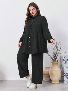 Mulvari 2 件加大码纯色前扣长袖休闲优雅裤套装，休闲 2 件套服装，适合旅行/休闲/居家/度假 2 件套 - 黑色 - 查看 1