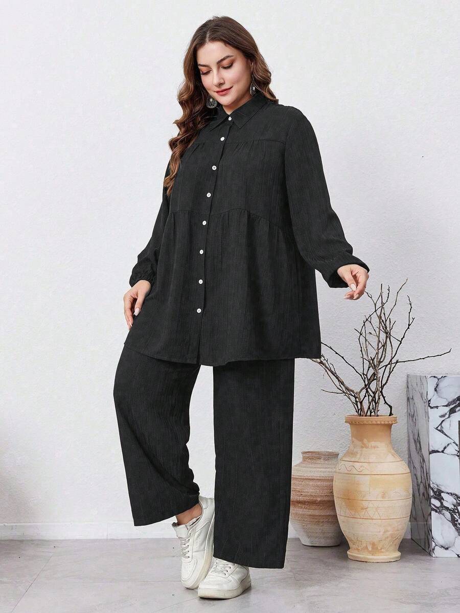 Mulvari 2 件加大码纯色前扣长袖休闲优雅裤套装，休闲 2 件套服装，适合旅行/休闲/居家/度假 2 件套 - 黑色 - 查看 1