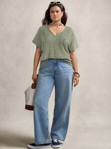 Zelara 大码女式条纹V领露肩袖休闲T恤 波西米亚风夏季复古风 适合春假、锐舞音乐节等场合 - 橄欖綠 - 查看 6