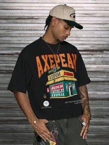 Camiseta de manga corta con cuello redondo casual y estampado frontal AXEPEAK para hombres - Negro - Ver 3