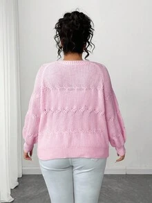 SHEIN CURVE+ 大码时尚休闲 V 领蝴蝶结女式宽松开衫，秋冬季外套上衣，粉色 - 粉色 - 查看 2