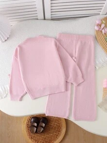 SHEIN Playful Pals 2件套女童纯色简约蝴蝶结针织毛衣套装 - 粉色 - 查看 2