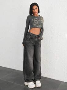 EURMUSE 100% COTTON HIGH WAIST BUTTON DETAILED WIDE LEG JEAN Low Rise Jeans Baggy - Black - View 3