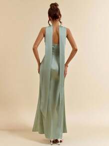 SHEIN BAE 绿色性感吊带露背高开衩优雅缎面鱼尾裙，伴娘裙，缎面裙，性感裙，婚礼宾客服装，春夏 - 綠色 - 查看 2