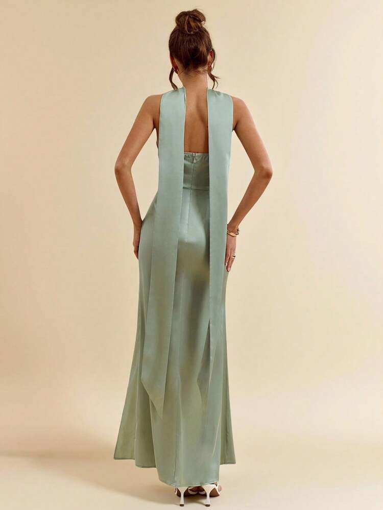 SHEIN BAE Sage Green Elegant Wedding Guest Satin Mermaid Dress, Halter Ribbon Backless High Slit Summer Bridesmaid Dress,Valentine's Day Outfits For Women