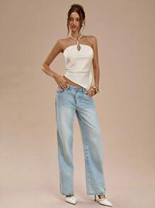 SHEIN BAE 1件女士优雅缎面露背吊带无袖上衣，杏白色，春夏款 - 白色 - 查看 7