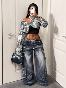 BamGleam Camouflage Utility Cropped Long Sleeve Metal Button Jacket - Light Grey - View 1