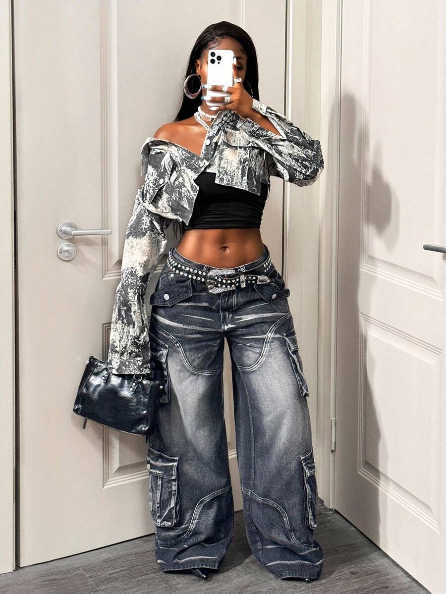 BamGleam Camouflage Utility Cropped Long Sleeve Metal Button Jacket - Light Grey - View 1