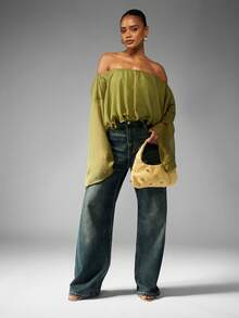 MISSGUIDED Off Shoulder Shimmering Blouse Long Bell Sleeve Elastic Top Olive Green Metallic Party Evening Club Occasion Wear Fall Winter Elegant Draped Silhouette Christmas - Green - View 3