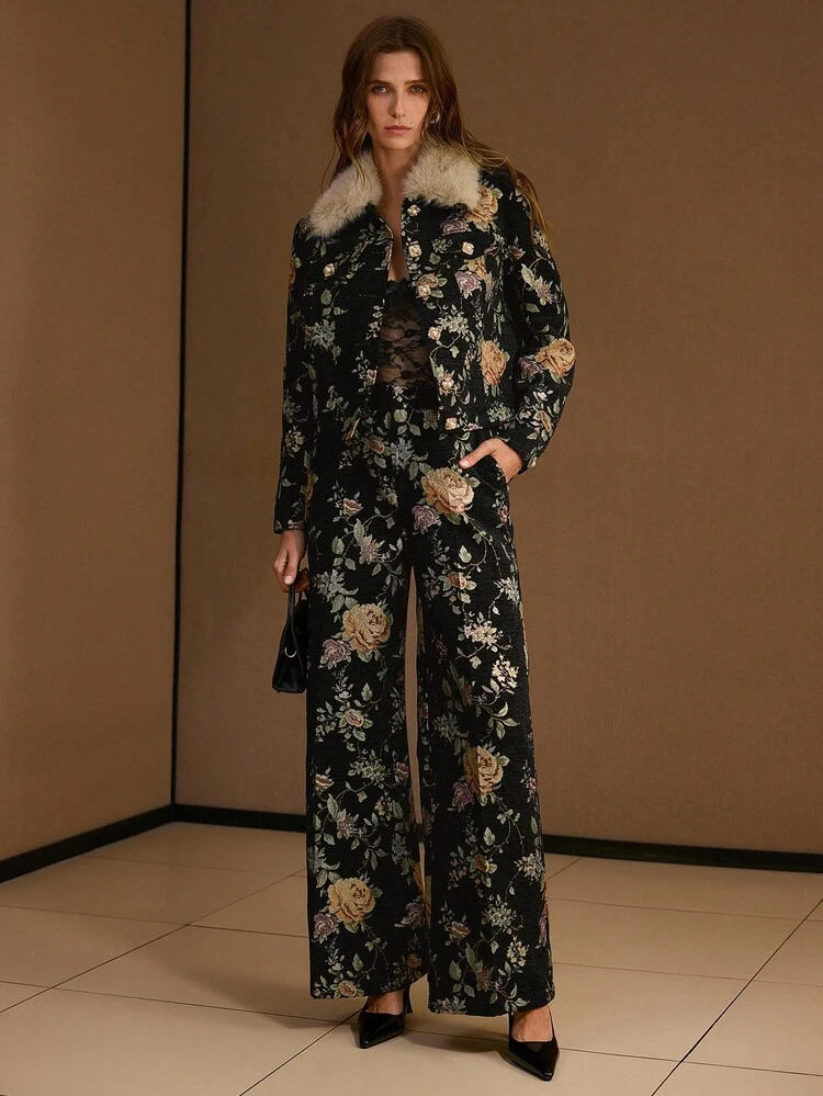 JACQUARD FLORAL PRINT WIDE LEG SUIT PANTS