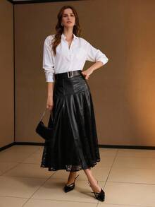 PREMIUM PU LEATHER LACE PANEL FOLD PLEATED SKIRT - Black - View 5