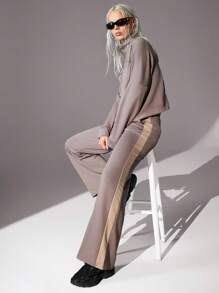 CasuGlow Women, Spring, Autum, Two Set, Sweatshirt, Contrast Color, Crop Sweatshirt, Long Length Pant, Loose Fit, Brown, Pocket, Zipper - Mocha Brown - View 6