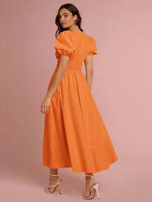 Enchnt Vestido de moda sexy con cuello en V profundo, cintura con lazo y mangas cortas abullonadas de unicolor para mujer