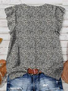 EMERY ROSE Plus Size Women's Daily Casual Vacation Pink V-Neck Small Flying Sleeves Vacation Style Leopard Pattern Loose Shirt, Women's Summer Clothing, Women's Vacation Clothing, Women's Summer Clothing, Women' Autumn And Winter Chic Blouses For Women