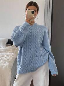DAZY Women's Loose Fit Solid Color Crew Neck Cable Knit Sweater,Fall Women Clothes Modest Fashion - Blue - View 3