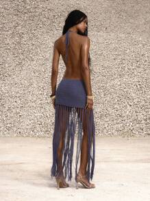 MUSERA Vestido maxi elegante de punto con escote pronunciado, cuello halter y flecos, ideal para otoño y vacaciones - Azul - Ver 4