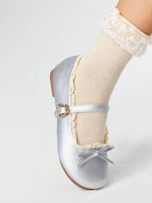 ROMWE Kawaii 女士白色玛丽珍鞋，包头，单带，蝴蝶结，蕾丝边，洛丽塔风格，甜美日式校服平底鞋 - 銀色 - 查看 3
